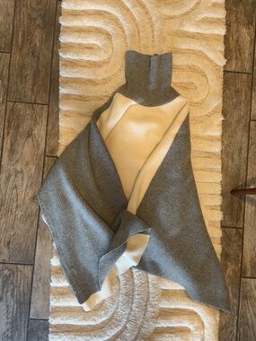 CO Two-Tone Ribbed Turtleneck Poncho in Gray and Cream